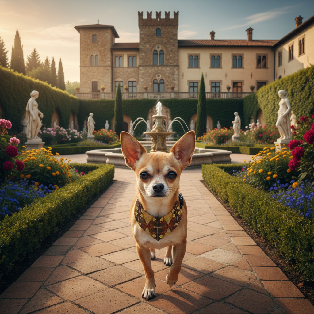 Small breed dog wearing Archangel Gabriel bandana walking in Renaissance castle gardens
