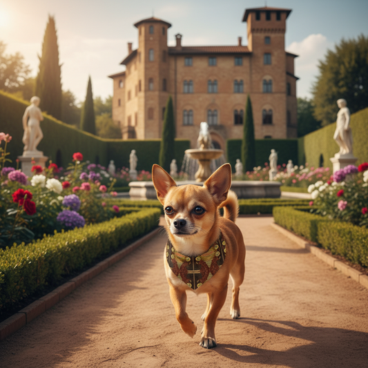 Small dog at natural angle wearing Archangel Gabriel bandana in castle gardens