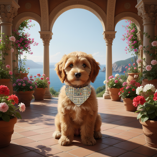Small dog wearing Christ and Virgin Enthroned bandana in Renaissance courtyard with ocean