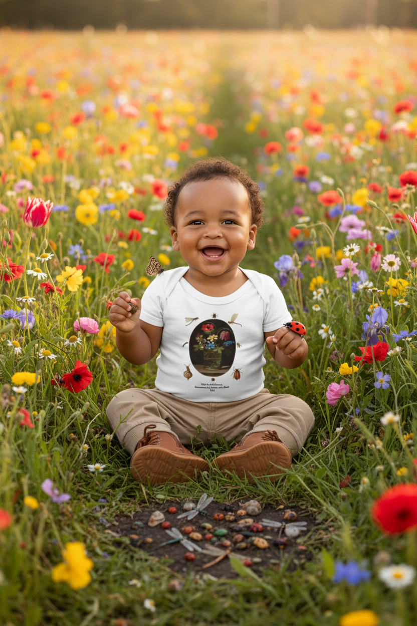 Smiling baby with butterfly, ladybug, and snail