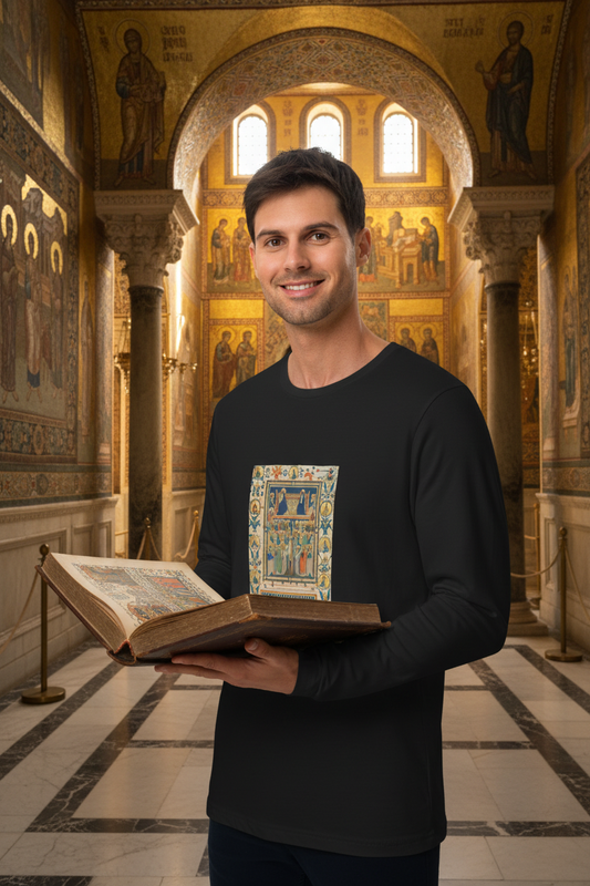 Smiling man with two arms wearing Christ and the Virgin Enthroned with Forty Saints long sleeve fitted crew tee-shirt holding ancient book in Byzantine palace setting