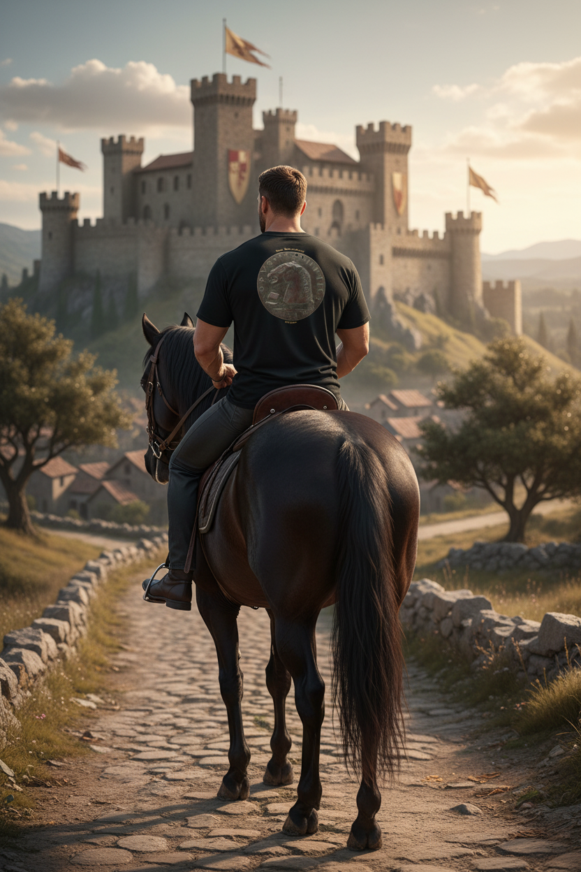 Strong man wearing Charger, Books and Sword t-shirt on horseback - back view in medieval setting