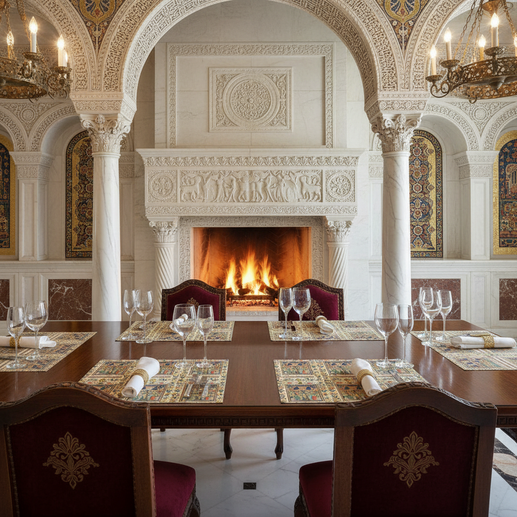 Stunning Byzantine palace with white and tan marble, ornate fireplace and Christ and the Virgin Enthroned placemats