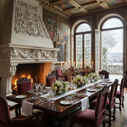 Stunning Renaissance dining room with Mary, Queen of Heaven placemats, French doors to snow terrace and ornate fireplace