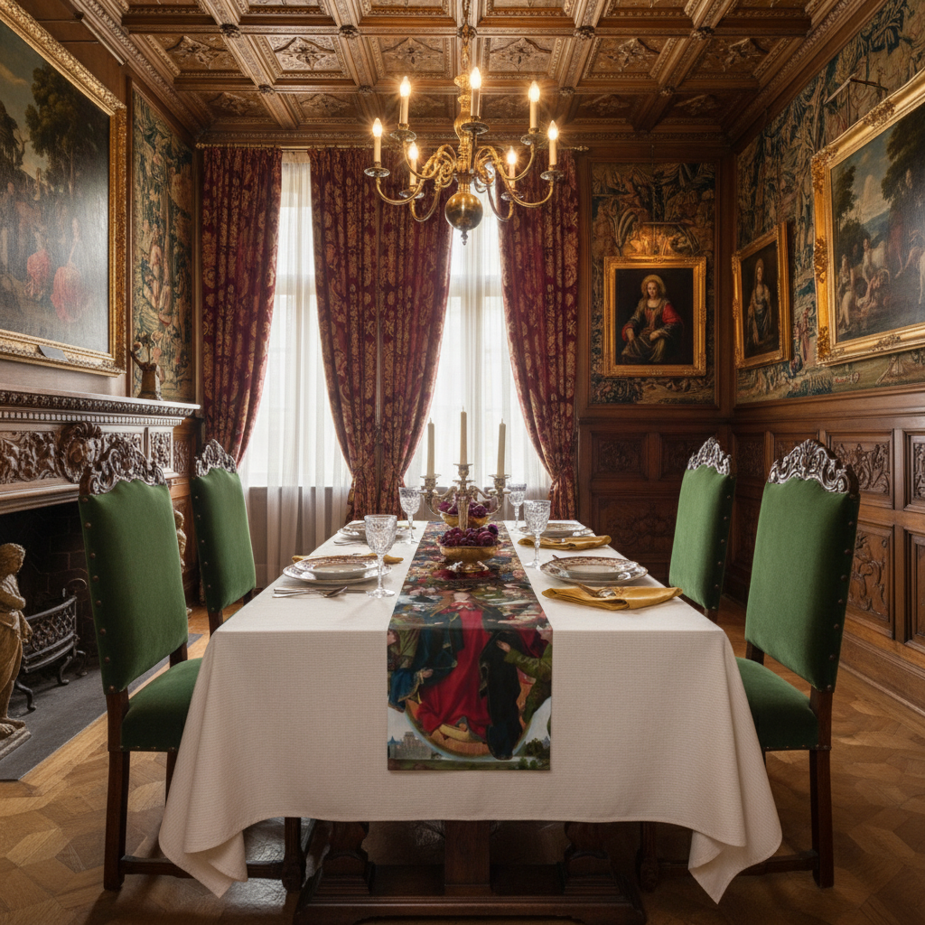 Stunning Renaissance dining room with Mary, Queen of Heaven table runner