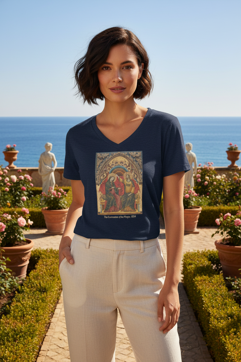 Stunningly gorgeous model wearing The Coronation of the Virgin tee in Renaissance garden with ocean view