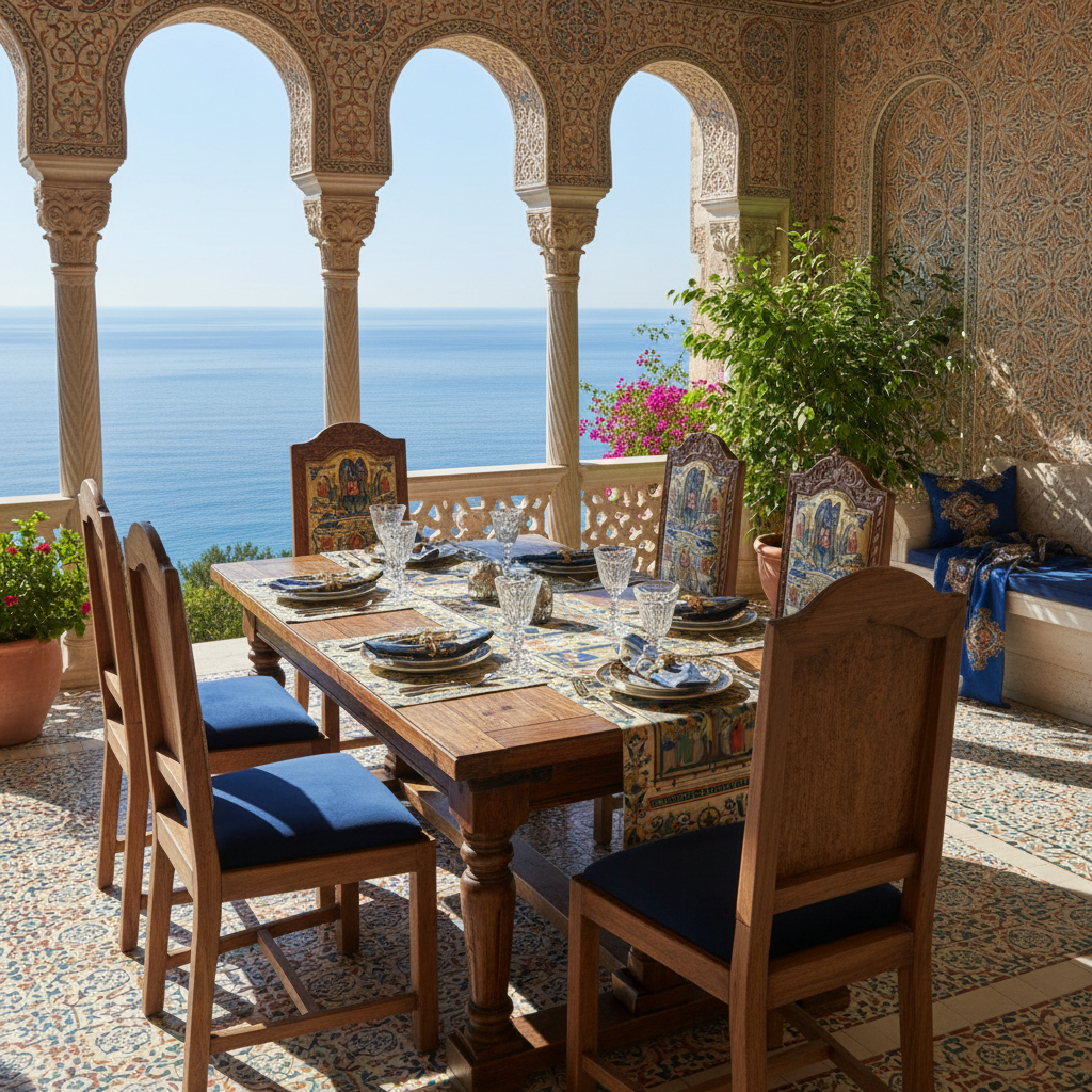 Sunny Byzantine terrace with complete Christ and the Virgin Enthroned table setting overlooking ocean