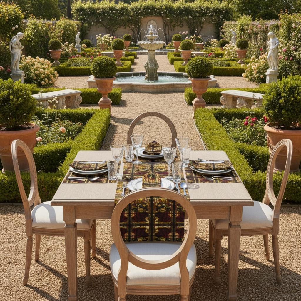 Sunny Renaissance garden with Angel of the Annunciation collection, fountains and winding paths