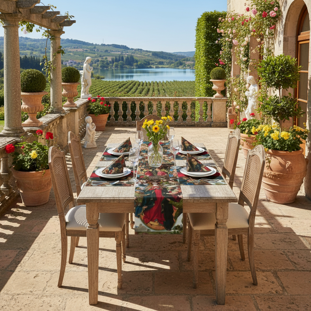 Sunny Renaissance terrace with Mary, Queen of Heaven collection overlooking lake and orchards