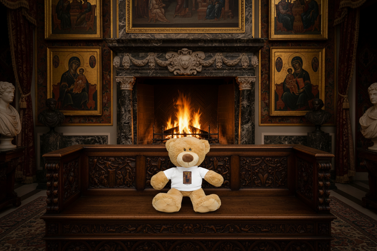 Teddy bear on Renaissance bench in palace with fireplace