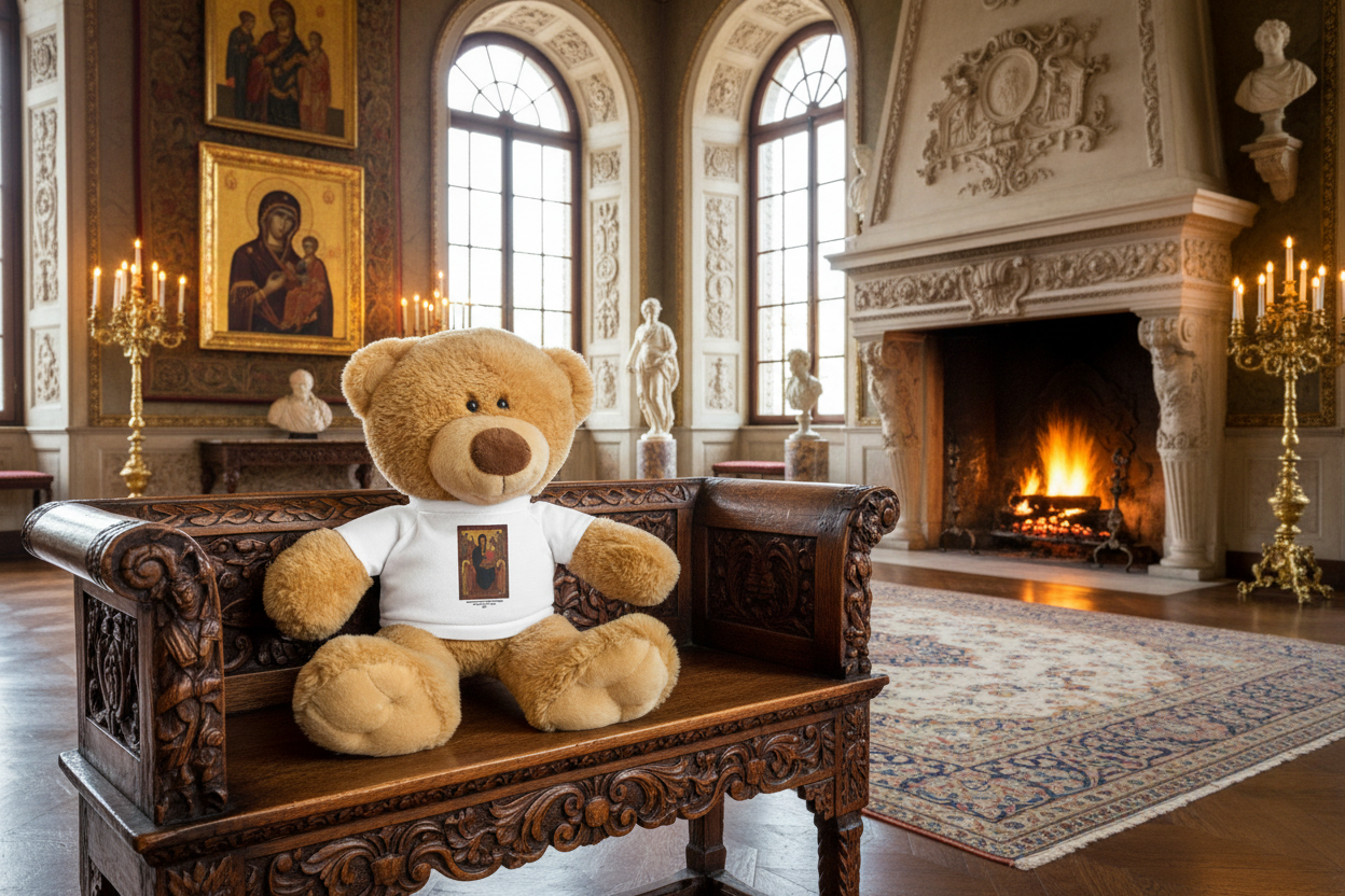 Teddy bear on small bench in bright palace room with candles