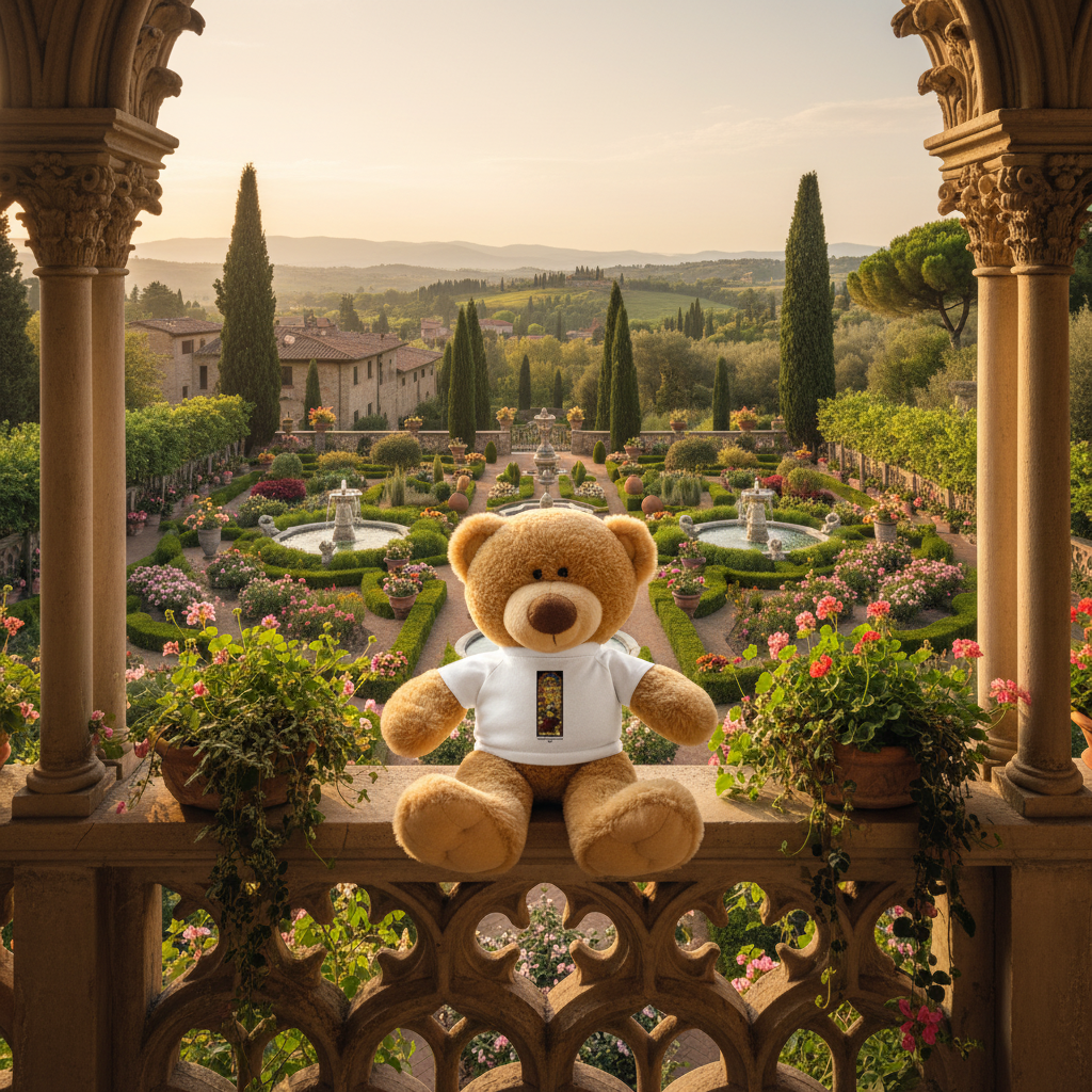 The Angel of the Annunciation teddy bear on balcony