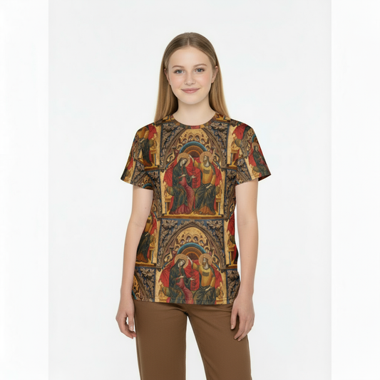 The Coronation of the Virgin with brown slacks