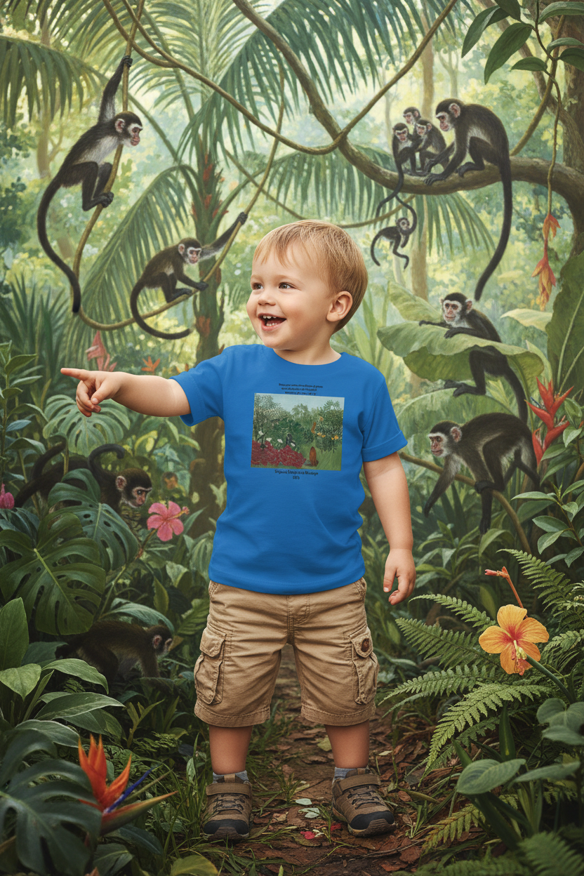 Toddler boy in blue shirt with many monkeys