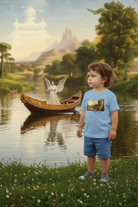 Toddler boy in blue Voyage of Life Youth tee showing design clearly in gold boat with angel