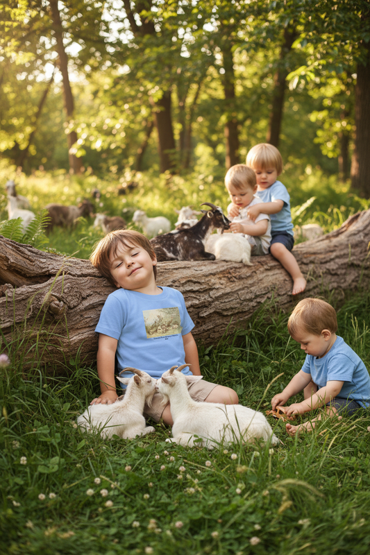 Toddler boy with children and goats by fallen tree