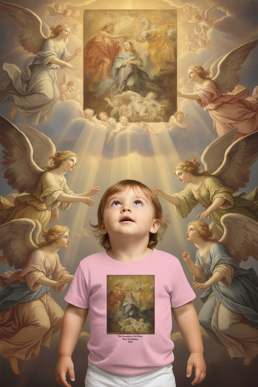 Toddler girl in pink Coronation of the Virgin tee with white pants held by angels in clouds