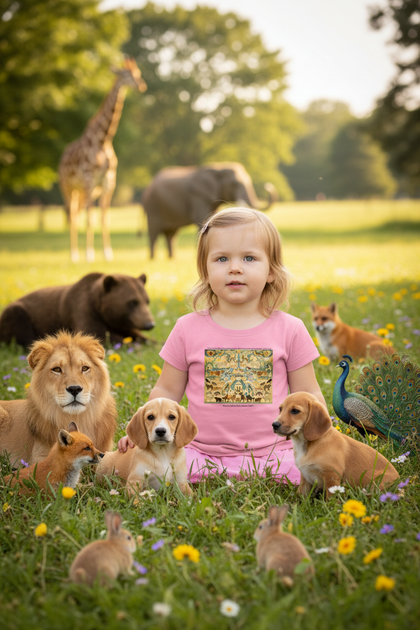 Toddler girl in pink shirt closer view with animals