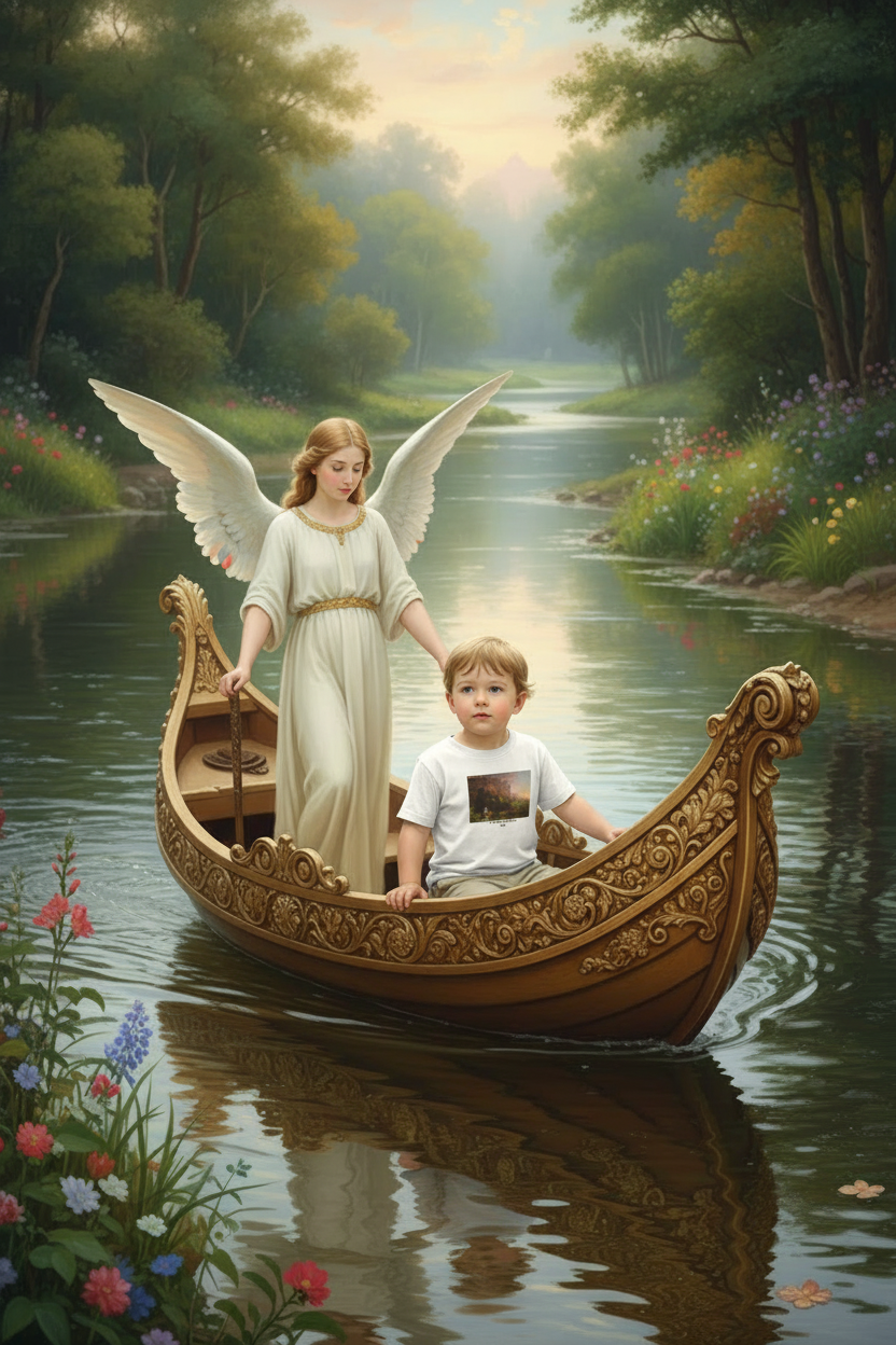 Toddler girl in white Voyage of Life tee with white pants in boat with angel on river