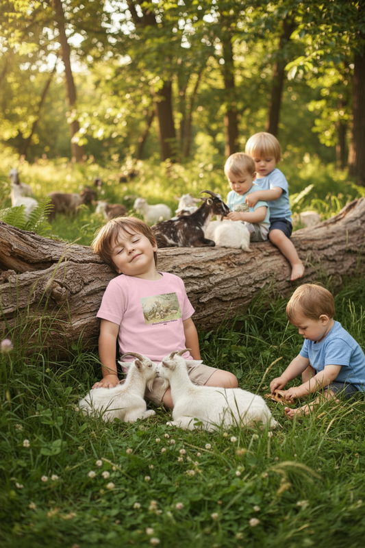 Toddler girl sleeping on fallen tree in meadow with baby goats and children playing
