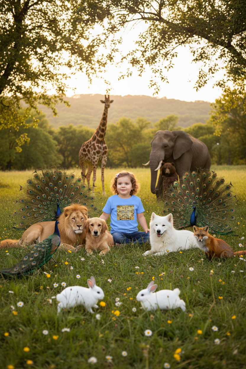 Toddler girl surrounded by animals in green meadow