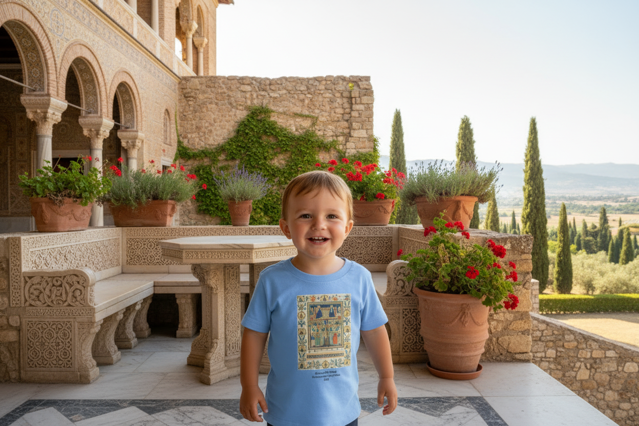 Toddler in Byzantine courtyard with carved furniture and plants
