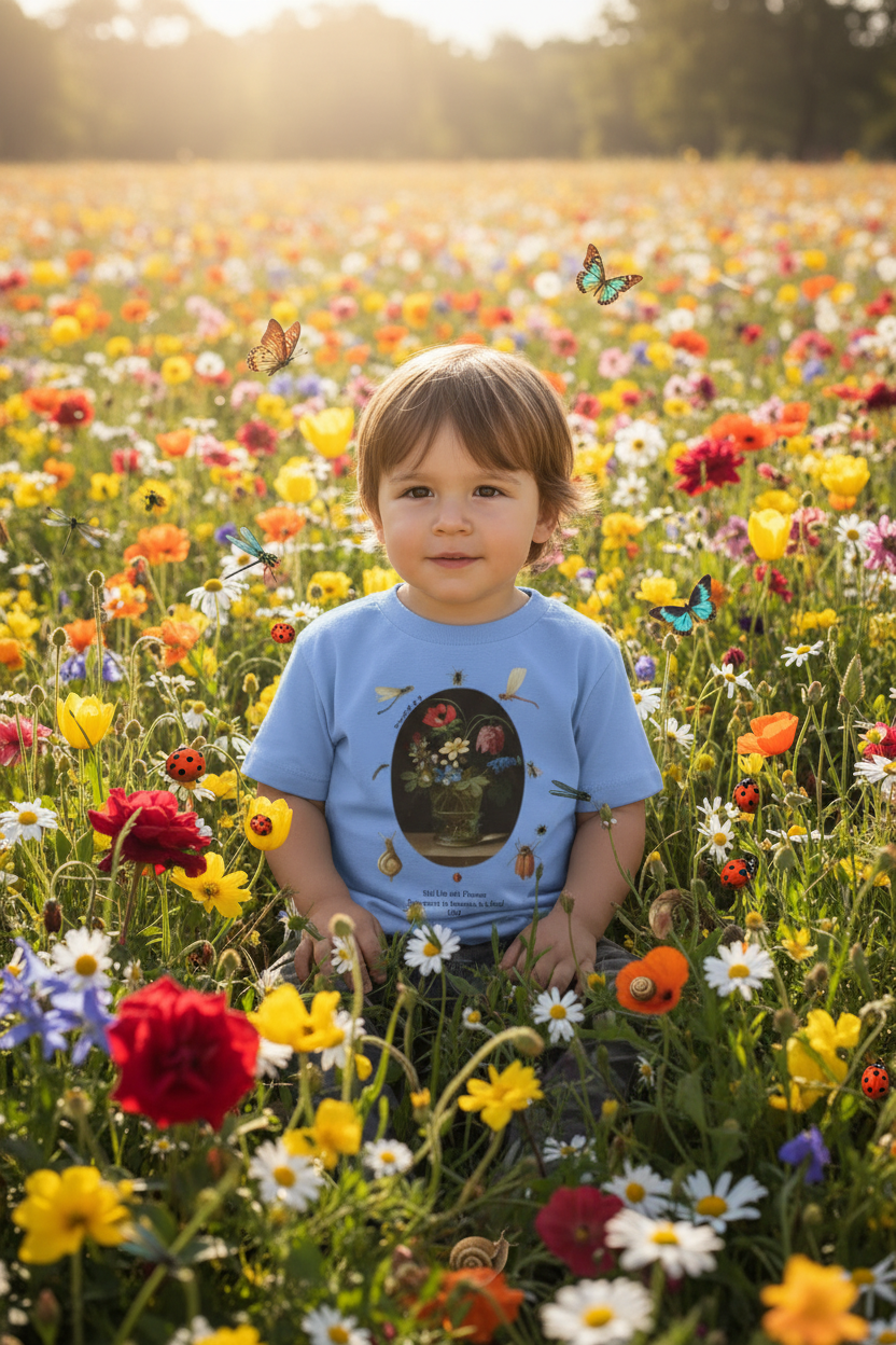 Toddler in flower field with insects