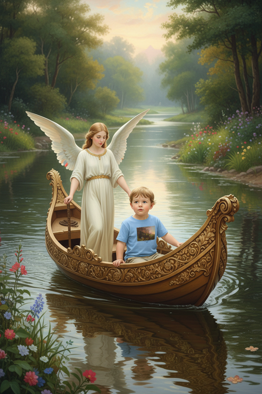 Toddler in golden boat with angel, no steering wheel