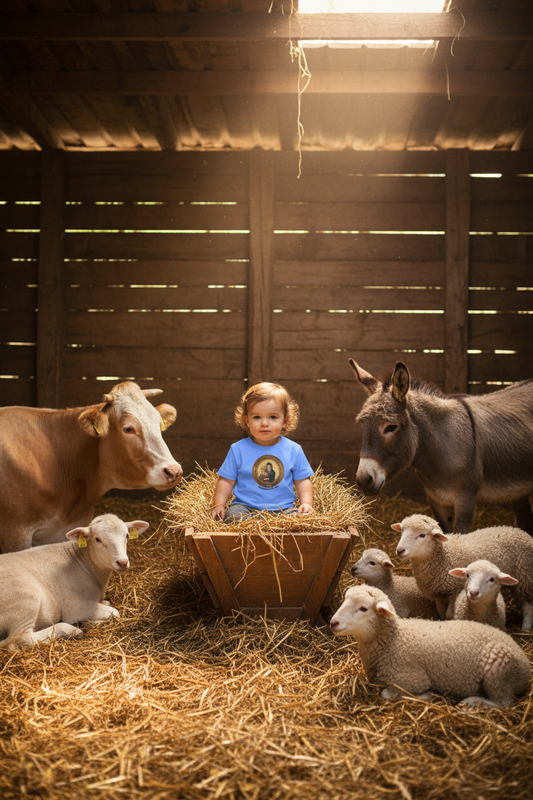 Toddler in manger with farm animals