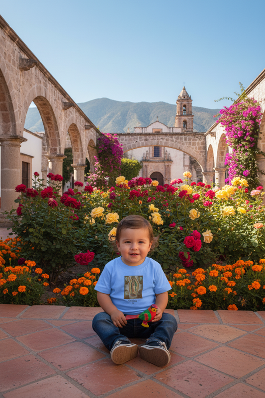 Toddler in Mexican courtyard with Virgin of Guadalupe tee