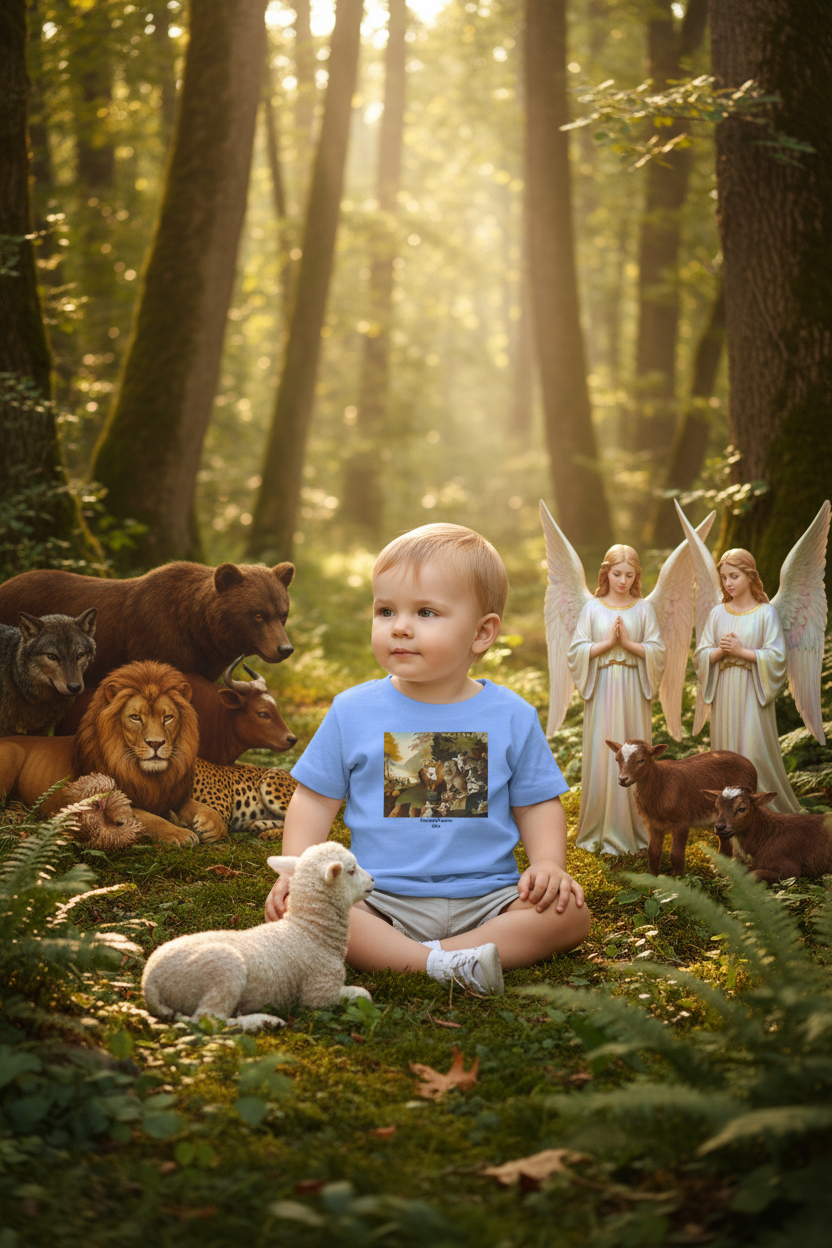 Toddler in Peaceable Kingdom with animals and angels