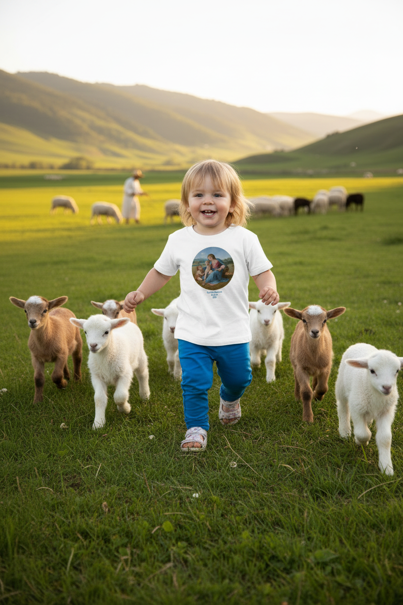 Toddler in shorter Alba Madonna tee with blue pants running with baby goats and lambs