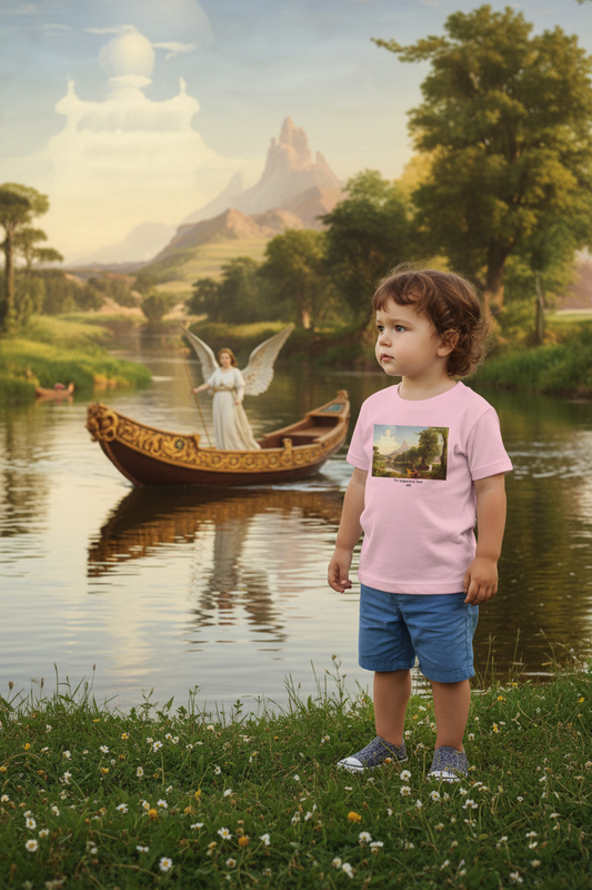 Toddler on riverbank watching angel boat