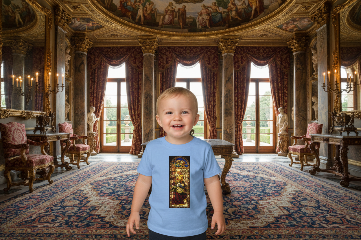 Toddler wearing Angel of the Annunciation shirt in opulent Renaissance setting
