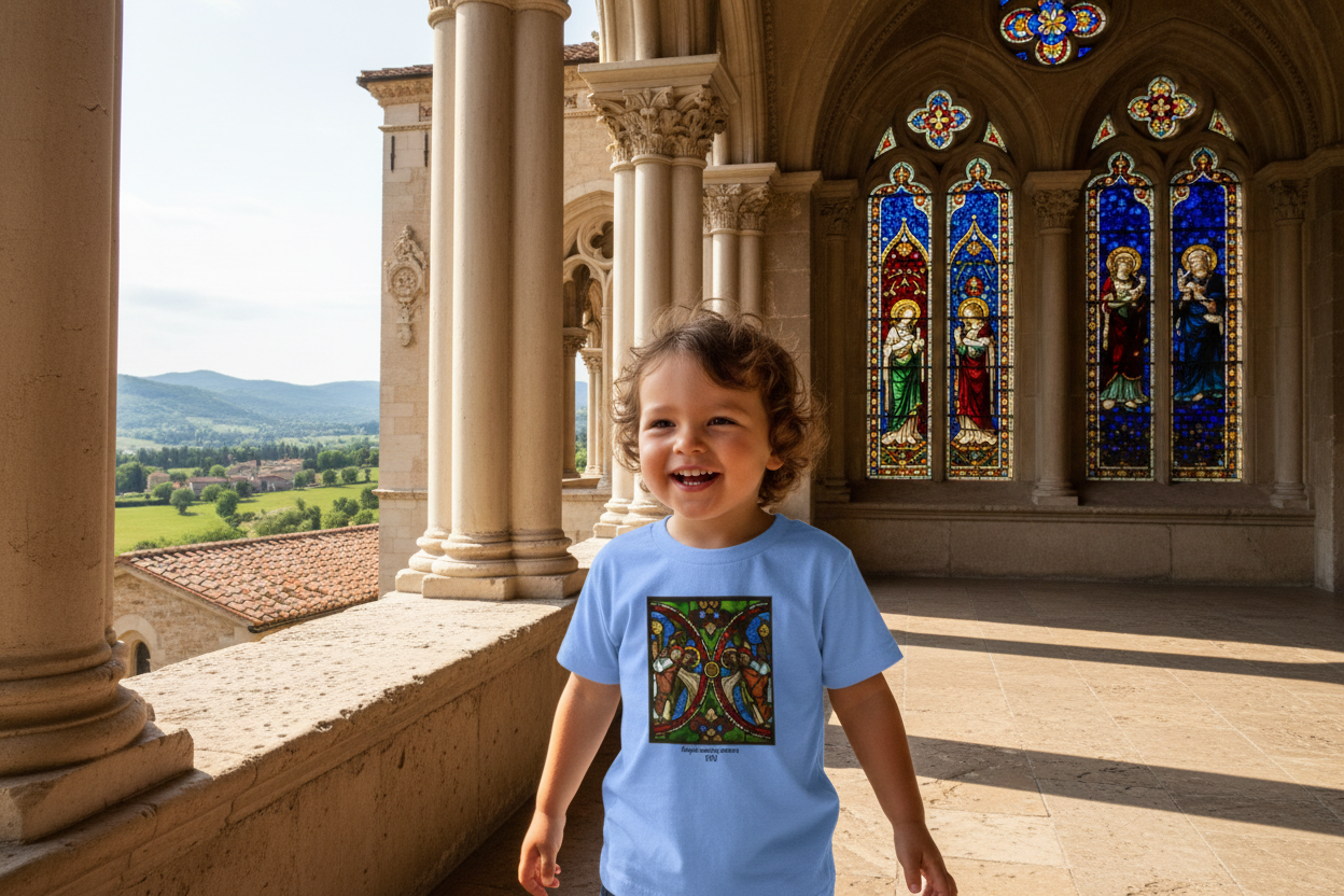 Toddler wearing Angels Swinging Censers shirt at Renaissance church terrace