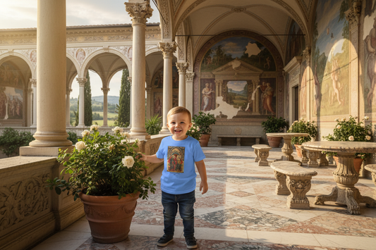 Toddler wearing Coronation of the Virgin shirt in Renaissance setting