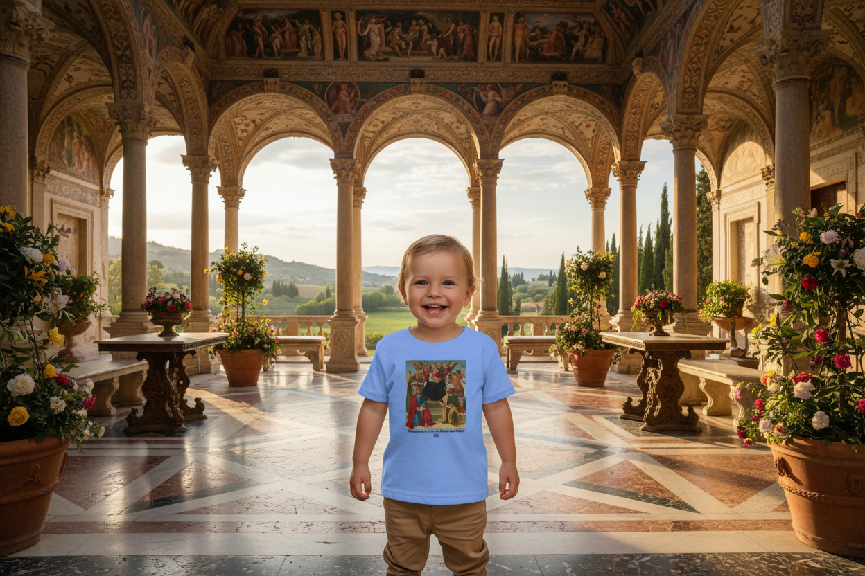 Toddler wearing Madonna and Child shirt in Renaissance setting