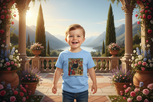 Toddler wearing Madonna and Child t-shirt in Renaissance garden