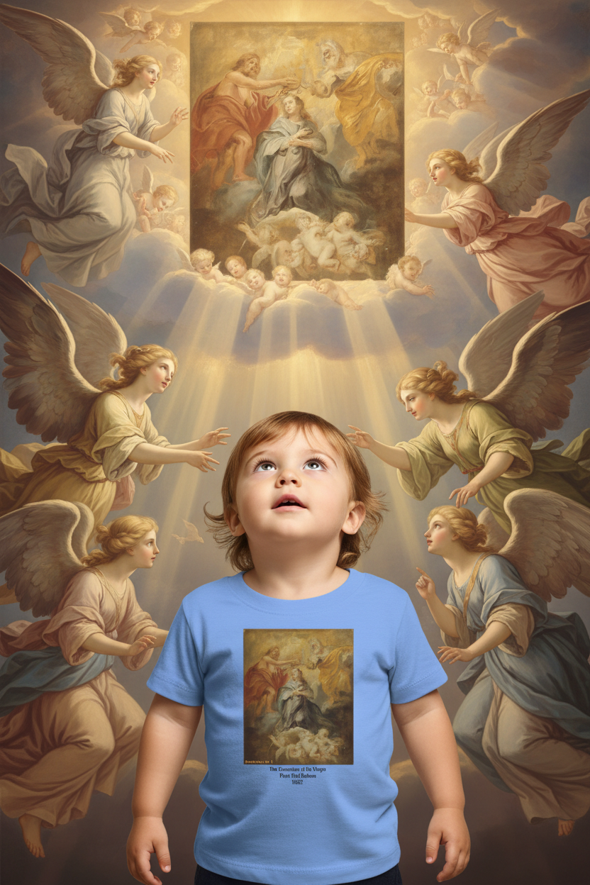 Toddler with angels witnessing Coronation of the Virgin
