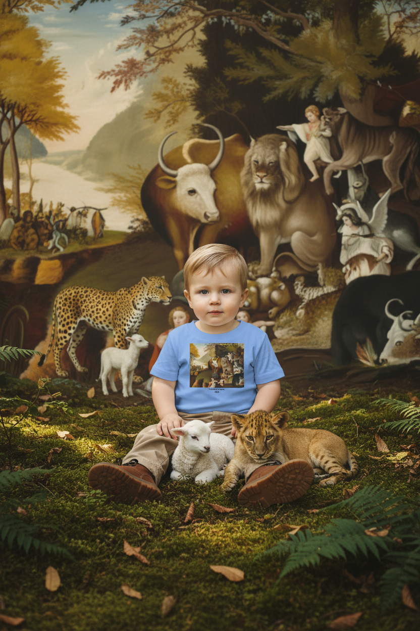 Toddler with baby lamb and lion lying together