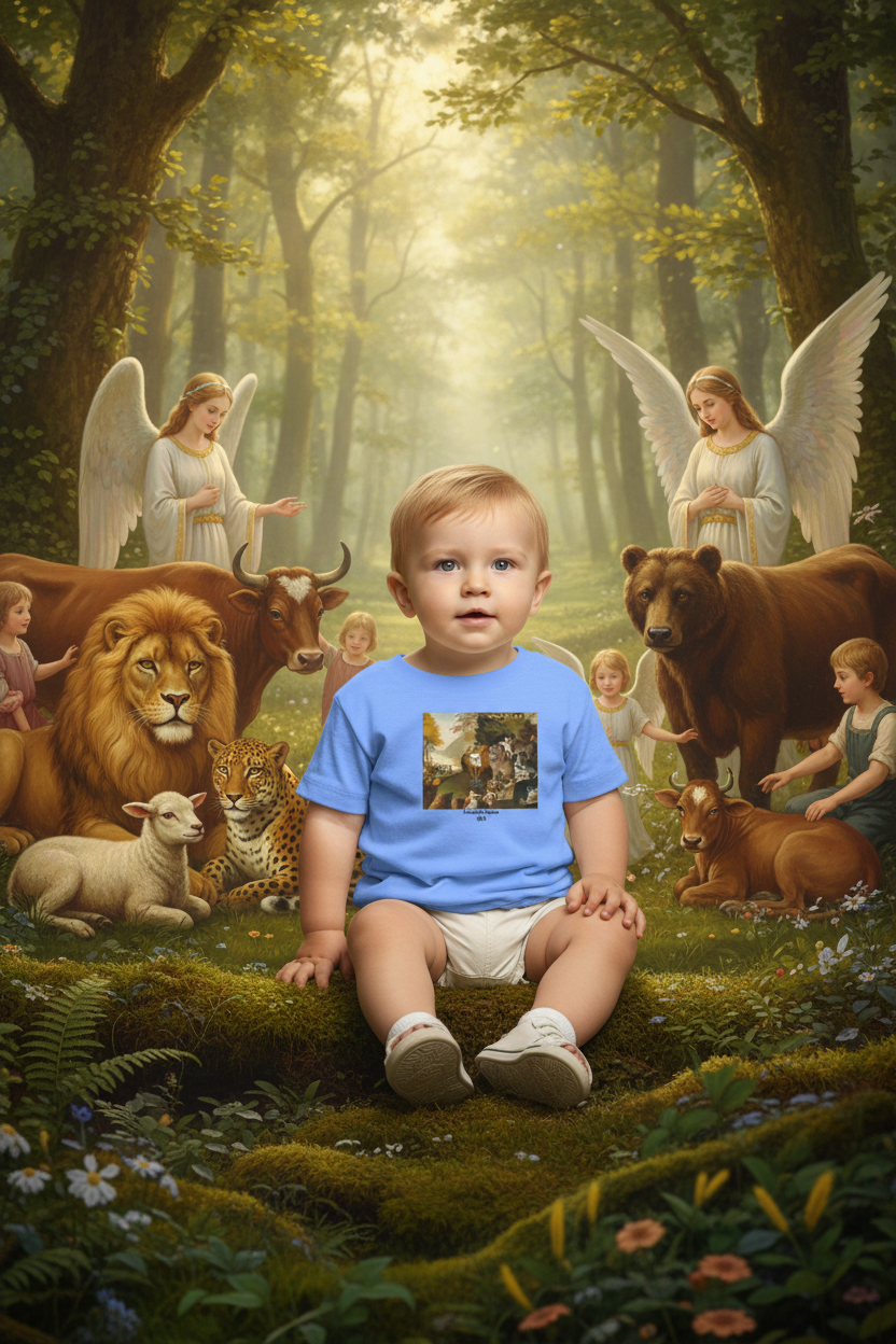 Toddler with Peaceable Kingdom animals matching the artwork