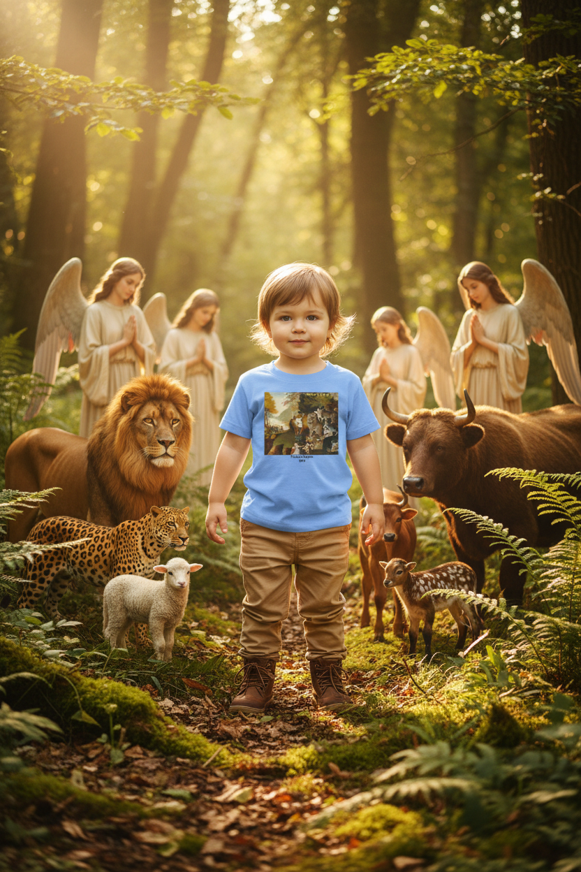 Toddler with standing animals and angels