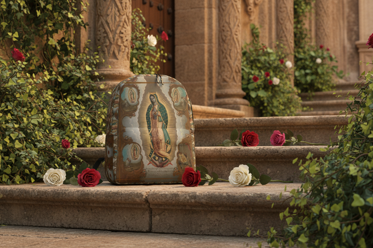 Virgin of Guadalupe backpack with whole roses