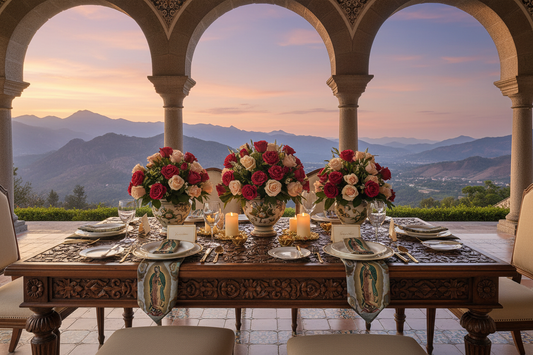 Virgin of Guadalupe napkins folded on plates
