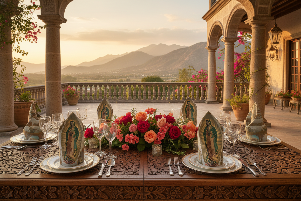 Virgin of Guadalupe napkins in Mexican palace terrace