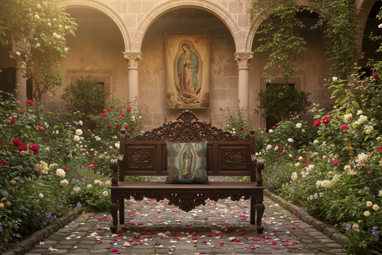 Virgin of Guadalupe pillow courtyard lifestyle