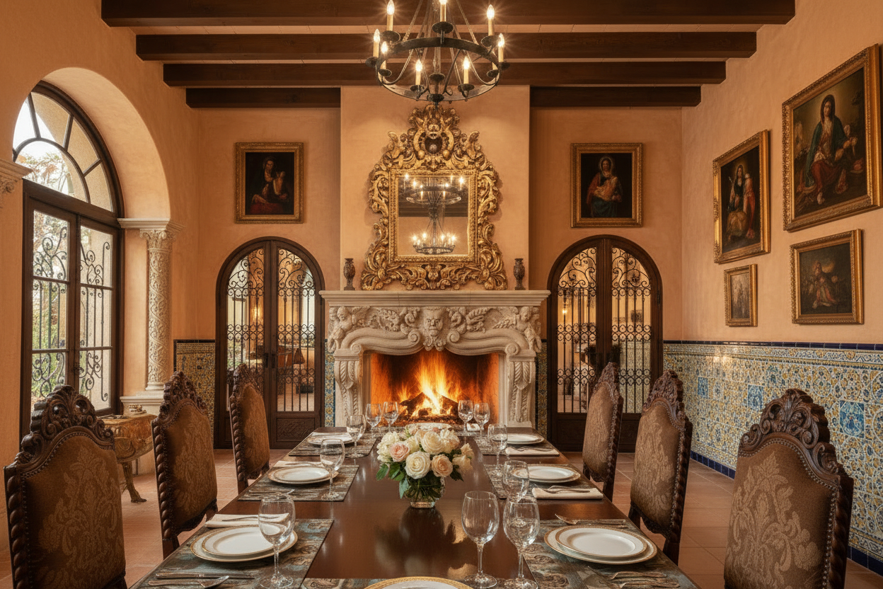 Virgin of Guadalupe placemats with minimal rose centerpiece