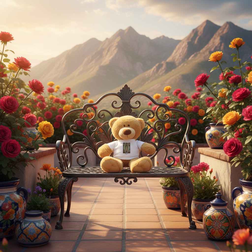 Virgin of Guadalupe teddy bear on wrought iron bench in Mexican courtyard