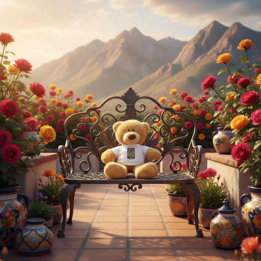 Virgin of Guadalupe teddy bear on wrought iron bench in Mexican courtyard