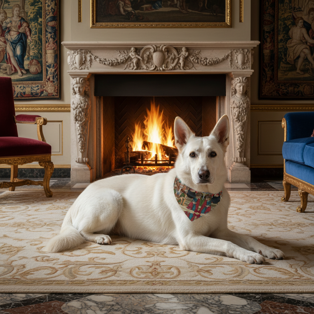 White German Shepherd wearing Madonna and Child bandana laying on rug by fireplace